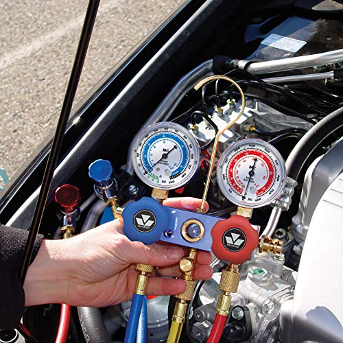 MASTERCOOL (98661-PRO Blue R134a and R12 Dual Manifold Gauge Set with 2 Sets 60" Hoses, Manual Couplers and Side Mount Can Tap Valve