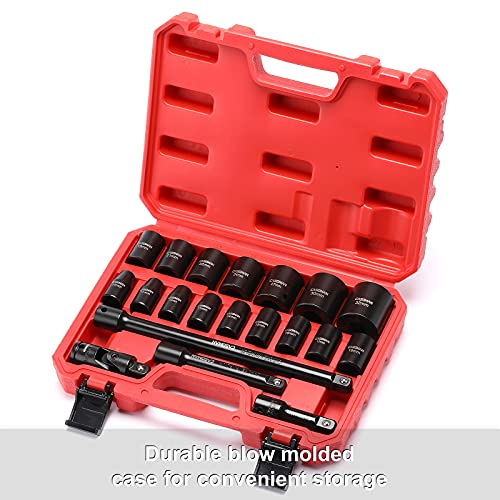 CASOMAN 1/2-Inch Drive Shallow Impact Socket Set, Metric, 10mm-32mm, CR-V, 6-Point, 20-Piece 1/2" Shallow Sockets Set with Extension Bar and Universal Joints