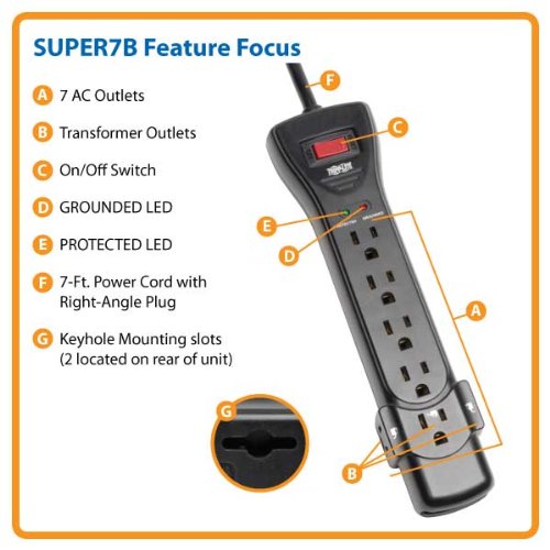 Tripp Lite 7 Outlet Surge Protector Power Strip, 7ft Cord, Right Angle Plug, 2160 Joules, Black, & Dollar 75,000 INSURANCE (SUPER7B)