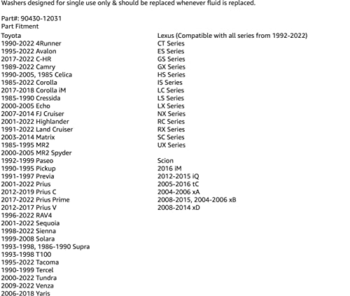 Prime Ave Aluminum Oil Drain Plug Washer Gaskets For Toyota Lexus Scion Part#: 90430-12031 (Pack of 10)