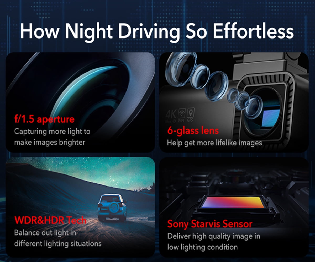 REDTIGER 4K Dash Cam with Wi-Fi and Night Vision