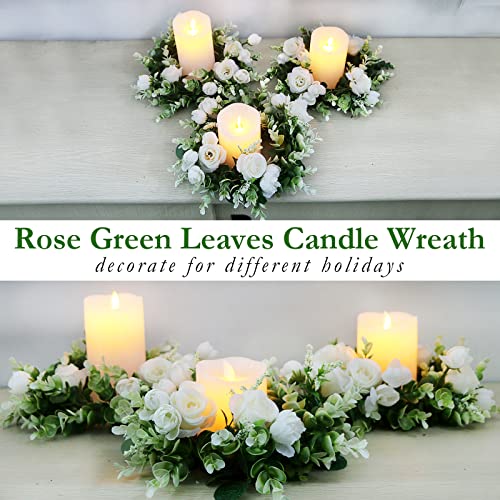 White Rose Candle Rings with Eucalyptus Garland - Wedding Decor