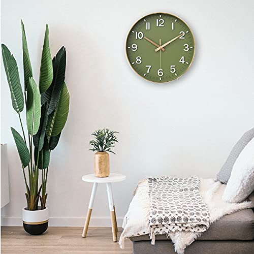 12-Inch Silent Wall Clock - Golden Green Design