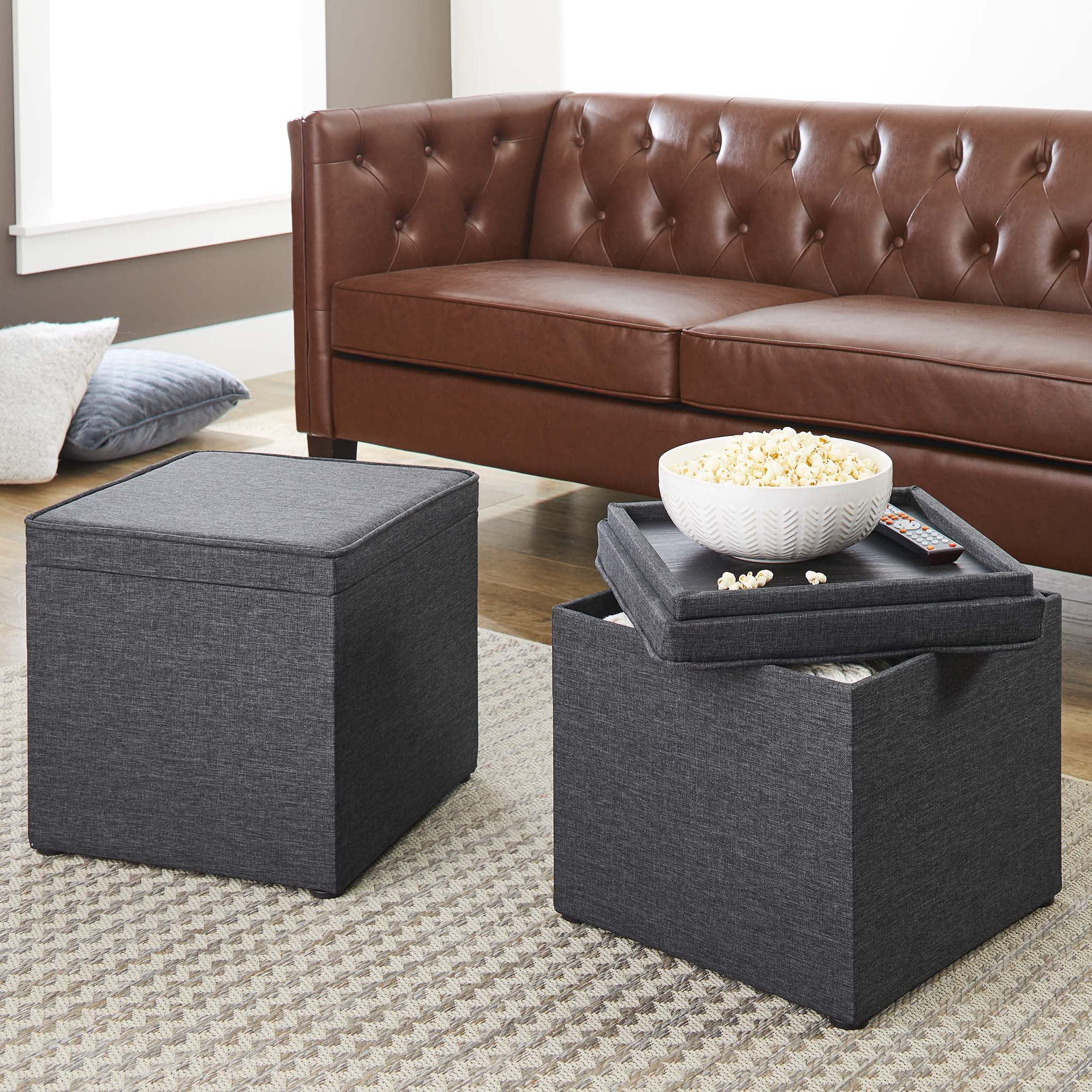 Better Homes & Gardens Storage Ottoman with Tray, 16", Grey