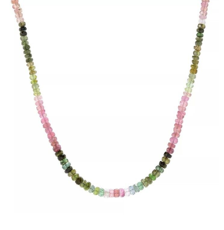 Watermelon Tourmaline Beaded Necklace with 925 Silver