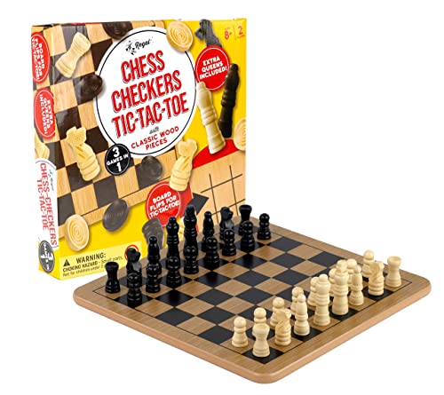 Wooden Reversible Board Game Set - Chess, Checkers, Tic-Tac-Toe