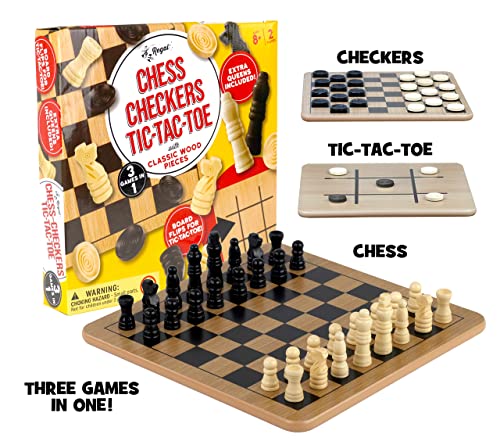 Wooden Reversible Board Game Set - Chess, Checkers, Tic-Tac-Toe