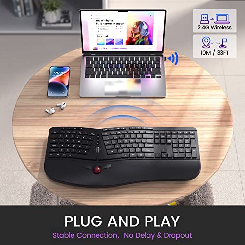 Ergonomic Wireless Keyboard and Trackball Mouse Combo