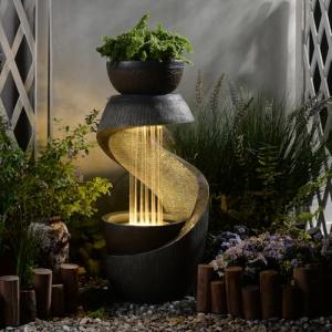 S-Shaped Outdoor Fountain with LED Lights and Planter