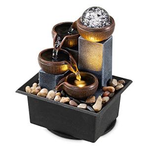 Tabletop Fountain 4 Level Tabletop Waterfall Indoor Meditation Fountain Office Home Relax Desktop Waterfall Pool Includes Many Natural River Rocks LED Lights Fixed Decorative Bubble Ball1