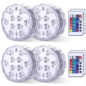 RGB LED Submersible Lights with Remote Control - 4-Pack