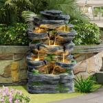 GIODIR Garden Fountains Outdoor, 7-Tiers Cascading Rock Water Fountain, 24.4" H Waterfall Fountain Indoor with 6 LED Lights and Moss for Patio, Yard and Home Art Decor, Natural Stone Look