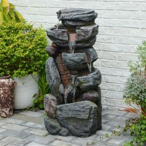 The 5-Tiered Rock Water Fountain Outdoor&Indoor, 31.5’’H Floor-Standing Garden Fountains, Stone Feature and Waterfall with Lights for Patio, Backyard, Deck, Porch, Home DéCor, Gray