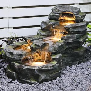 37" L Garden Outdoor Water Fountain, Floor Standing 5-Tiers Rock Natural Waterfall Outdoor Fountains with LED Lights for Patio, Porch, Home Art Decor