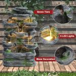 GIODIR Garden Fountains Outdoor, 7-Tiers Cascading Rock Water Fountain, 24.4" H Waterfall Fountain Indoor with 6 LED Lights and Moss for Patio, Yard and Home Art Decor, Natural Stone Look