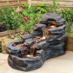 37" L Garden Outdoor Water Fountain, Floor Standing 5-Tiers Rock Natural Waterfall Outdoor Fountains with LED Lights for Patio, Porch, Home Art Decor