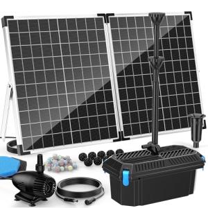 Antfraer Solar Fountain Pump with Pond Filter Kit, 55W Solar Water Pump with Pond Filter Box for Outdoor Pond Garden Fountain Waterfall Water Feature(17FT+10FT Power Cord）