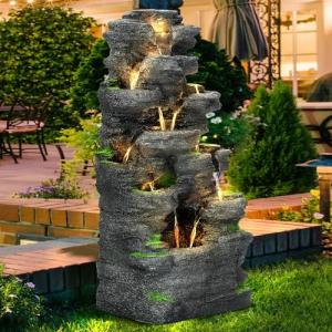 10-Tier Cascading Rock Water Fountain with LED Lights