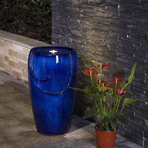 Blue Ceramic Vase Outdoor Water Fountain with LED Light