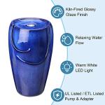 Blue Ceramic Vase Outdoor Water Fountain with LED Light