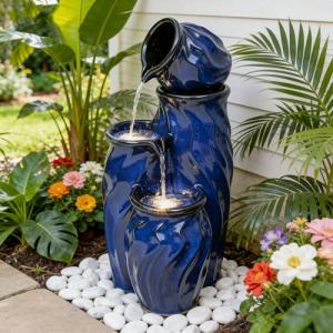 Ceramic Blue 4-Tier Outdoor Water Fountain