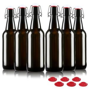 YEBODA 16 oz Amber Beer Bottles with Caps, 6-Pack