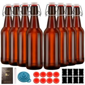 Amber Beer Bottles with Flip Caps, 16oz, 8 Pack