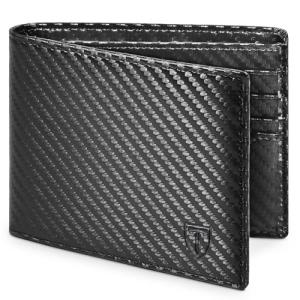 TEEHON Mens RFID Blocking Carbon Fibre Leather Wallet - Bi-Fold Card Wallet with 10 Card Slots, 2 ID Windows, 2 Cash Compartments - Black