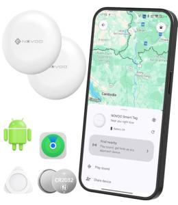 NOVOO Air Tag Tracker, Mini Bluetooth Smart Tracking Finder Compatible with Apple (iOS) & Google (Android) Find My, Loud 80dB Alarm, Replaceable Battery, GPS Tracker for Passport, Luggage (2-Pack)
