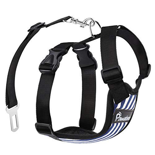 PAWABOO Dog Safety Vest Harness, Pet Car Harness Vehicle Seat Belt with Adjustable Strap and Buckle Clip, Easy Control for Driving Traveling Safety for Small Medium Dogs Cats,Medium,Blue/White Stripes