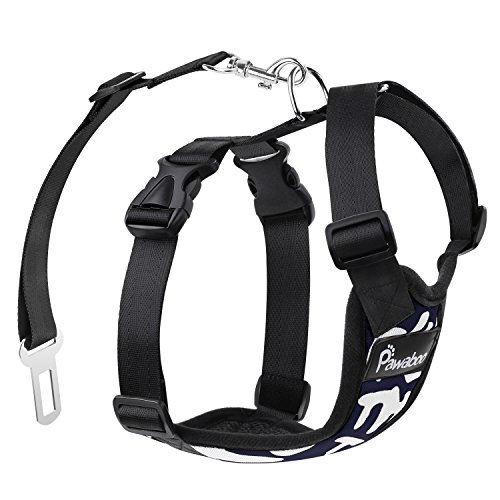 PAWABOO Dog Safety Vest Harness, Pet Car Harness Vehicle Seat Belt with Adjustable Strap and Buckle Clip, Easy Control for Driving Traveling Safety for Small Medium Dogs Cats, Large, Navy BLUE & WHITE