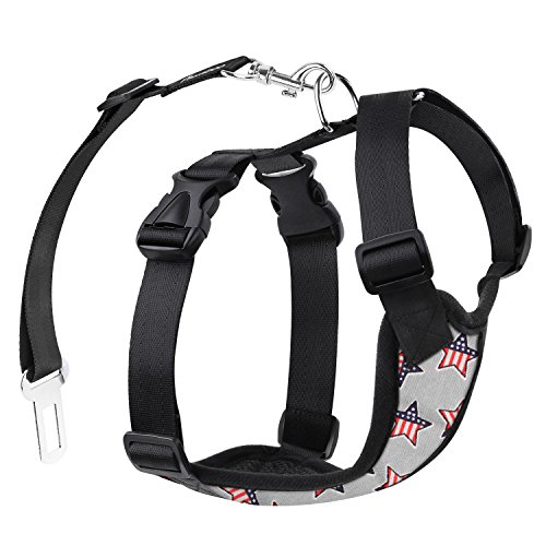 PAWABOO Dog Safety Vest Harness, Pet Car Harness Vehicle Seat Belt with Adjustable Strap and Buckle Clip, Easy Control for Driving Traveling Safety for Small Medium Dogs Cats, Small, Gray with US Flag