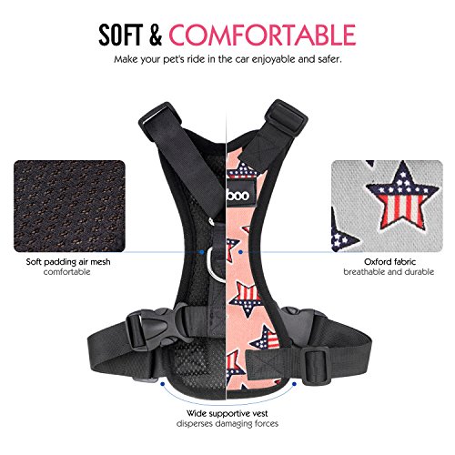 Pawaboo Dog Safety Vest Harness, Pet Car Harness Vehicle Seat Belt with Adjustable Strap and Buckle Clip, Easy Control for Driving Traveling Safety for Small Medium Dogs Cats, XL, Pink with US Flag