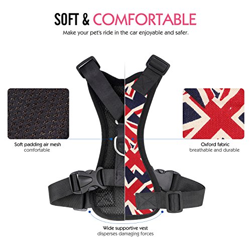 Pawaboo Dog Safety Vest Harness, Pet Car Harness Vehicle Seat Belt with Adjustable Strap and Buckle Clip, Easy Control for Driving Traveling Safety for Small Medium Dogs Cats, Small, Red with UK Flag