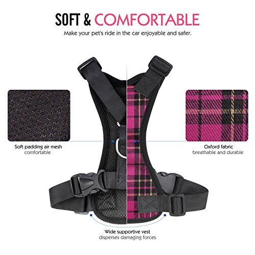 Pawaboo Dog Safety Vest Harness, Pet Car Harness Vehicle Seat Belt with Adjustable Strap and Buckle Clip, Easy Control for Driving Traveling Safety for Small Medium Dogs Cats, Small, Rose Red Grid