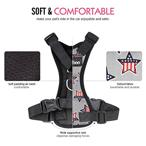 Pawaboo Dog Safety Vest Harness, Pet Car Harness Vehicle Seat Belt with Adjustable Strap and Buckle Clip, Easy Control for Driving Traveling Safety for Small Medium Dogs Cats, XL, Gray with US Flag