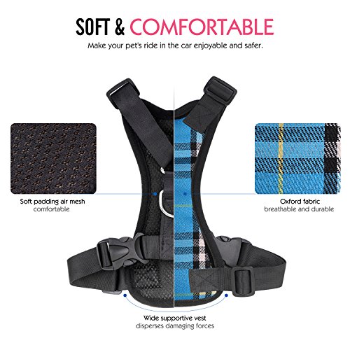 Pawaboo Dog Safety Vest Harness, Pet Car Harness Vehicle Seat Belt with Adjustable Strap and Buckle Clip, Easy Control for Driving Traveling Safety for Small Medium Dogs Cats, Small, Blue Grid