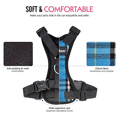 Pawaboo Dog Safety Vest Harness, Pet Car Harness Vehicle Seat Belt with Adjustable Strap and Buckle Clip, Easy Control for Driving Traveling Safety for Small Medium Dogs Cats, Large, Blue Grid