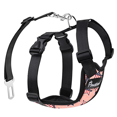 PAWABOO Dog Safety Vest Harness, Pet Car Harness Vehicle Seat Belt with Adjustable Strap and Buckle Clip, Easy Control for Driving Traveling Safety for Small Medium Dogs Cats, Small, Pink with US Flag