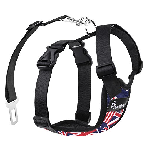 Pawaboo Dog Safety Vest Harness, Pet Car Harness Vehicle Seat Belt with Adjustable Strap and Buckle Clip, Easy Control for Driving Traveling Safety for Small Medium Dogs Cats, Medium, Blue with Flags