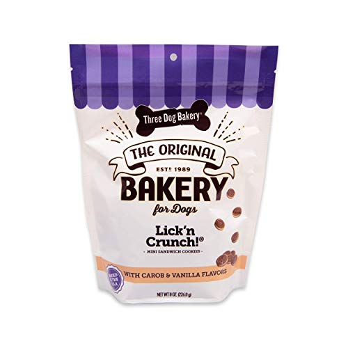 Three Dog Bakery Lick'n Crunch! Mini Sandwich Cookies, Carob & Vanilla Flavor, Premium Treats for Dogs, 8 Ounce Resealable Pack (310080)
