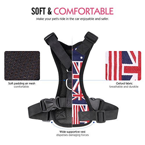 Pawaboo Dog Safety Vest Harness, Pet Car Harness Vehicle Seat Belt with Adjustable Strap and Buckle Clip, Easy Control for Driving Traveling Safety for Small Medium Dogs Cats, Small, Blue with Flags