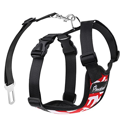 Pawaboo Dog Safety Vest Harness, Pet Car Harness Vehicle Seat Belt with Adjustable Strap and Buckle Clip, Easy Control for Driving Traveling Safety for Small Medium Dogs Cats, XL, RED & White