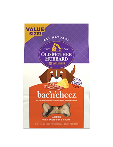 Old Mother Hubbard by Wellness Classic Bac'N'Cheez Natural Dog Treats, Crunchy Oven-Baked Biscuits, Ideal for Training, Large Size, 3.3 pound bag