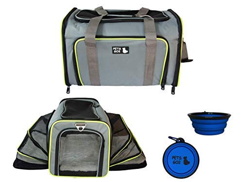 PETS GO2 Premium Small Pet Carrier for Puppies, Small Dogs & Cats – All Airlines Approved - Expandable Walls, Top and Side Exits, Sherpa Soft Removable Bed, Foldable, Durable + Dog Bowl (Gray)