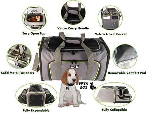 PETS GO2 Premium Small Pet Carrier for Puppies, Small Dogs & Cats – All Airlines Approved - Expandable Walls, Top and Side Exits, Sherpa Soft Removable Bed, Foldable, Durable + Dog Bowl (Gray)