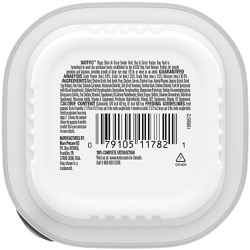 NUTRO PUPPY Grain Free Natural Wet Dog Food Bites in Gravy Tender Beef, Pea & Carrot Recipe, (24) 3.5 oz. Trays