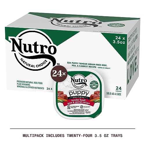 NUTRO PUPPY Grain Free Natural Wet Dog Food Bites in Gravy Tender Beef, Pea & Carrot Recipe, (24) 3.5 oz. Trays