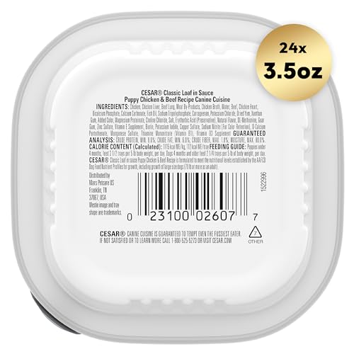 CESAR Puppy Soft Wet Dog Food Classic Loaf in sauce Chicken & Beef Recipe, 3.5 Ounce (Pack of 24) Easy Peel Trays