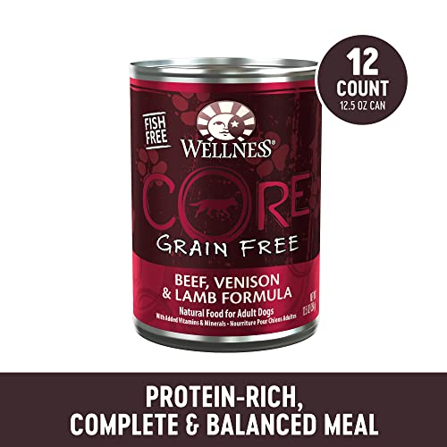 Wellness CORE Natural Wet Grain Free Canned Dog Food, Beef, Venison & Lamb, 12.5-Ounce Can (Pack of 12)
